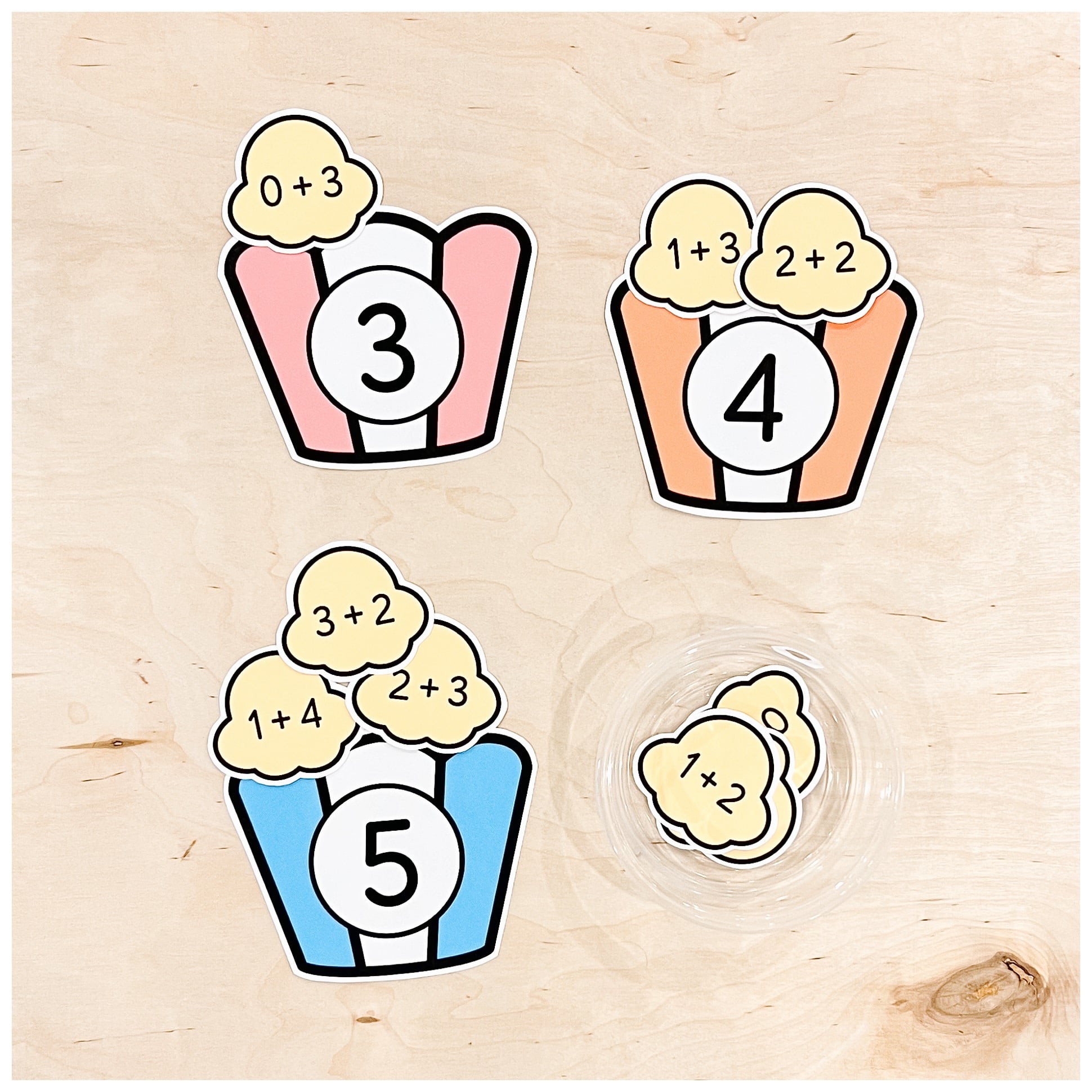 An addition centre for Kindergarten where students sort popcorn images with addition sentences on them onto popcorn containers with the sum on them