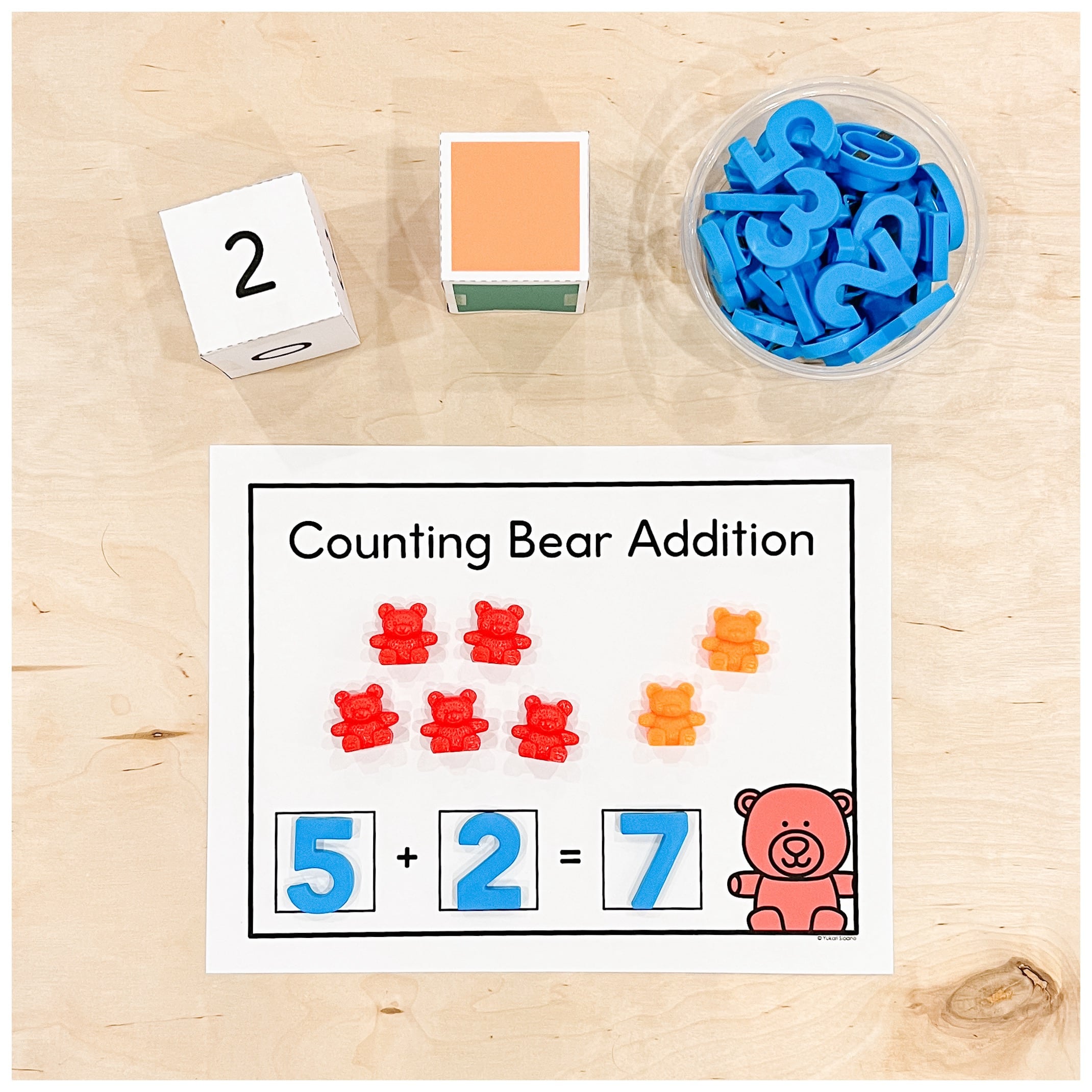 An addition centre for Kindergarten where students use counting bear manipulatives to solve addition sentences