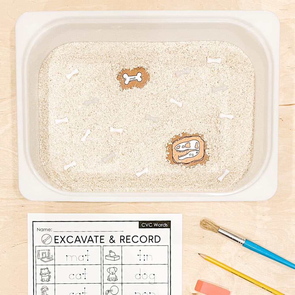 fossil dig sensory bin cvc words