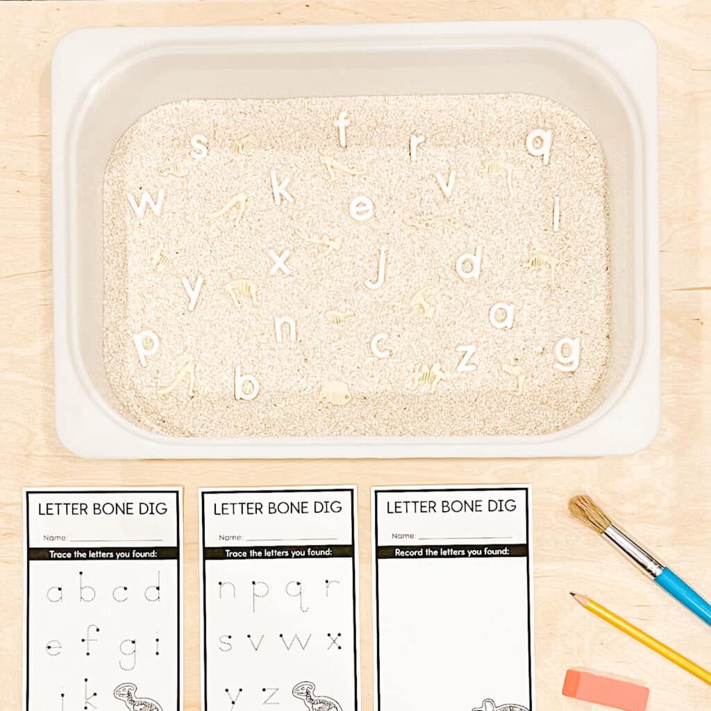 fossil dig sensory bin letters