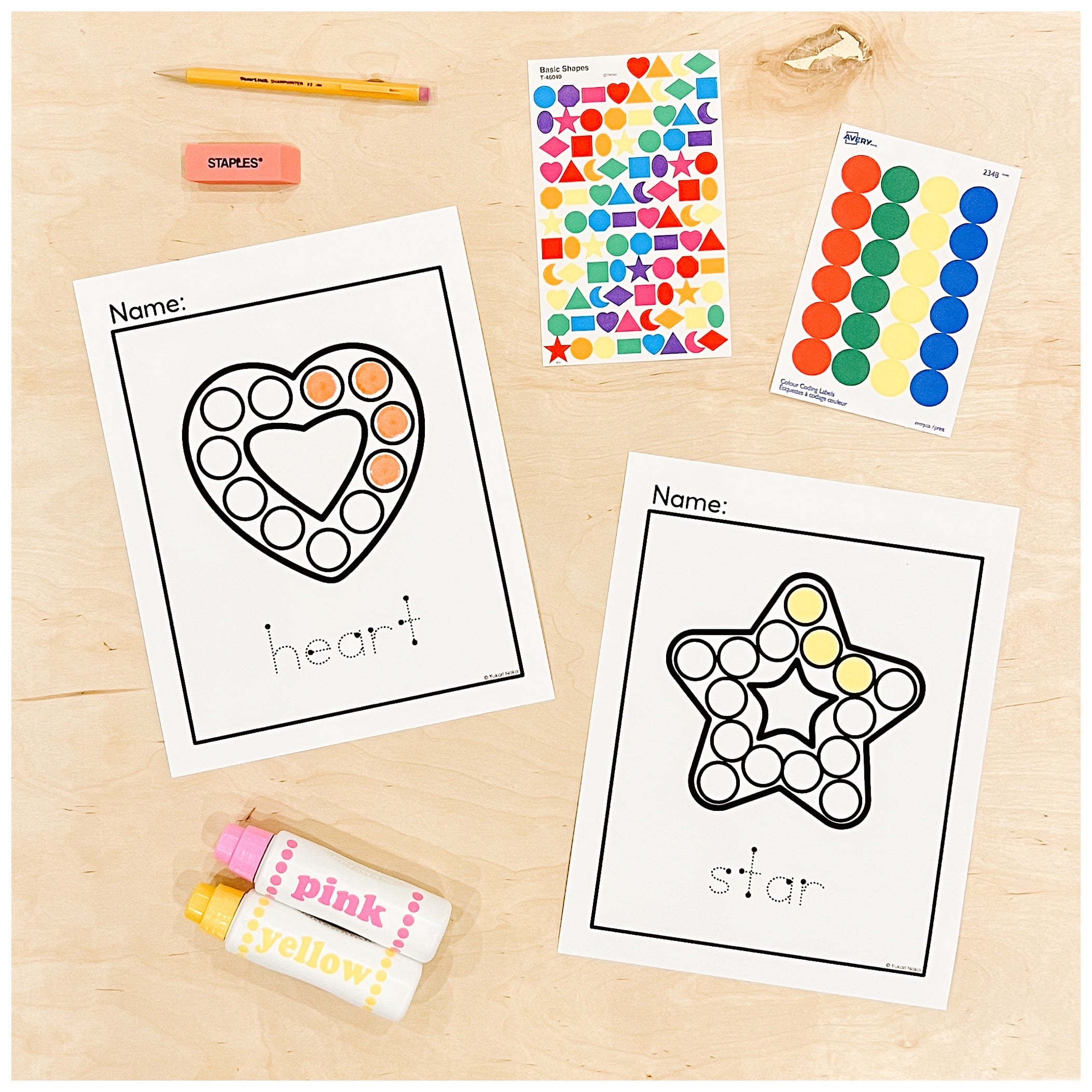 2D shape bingo dabber and sticker activities for Kindergarten
