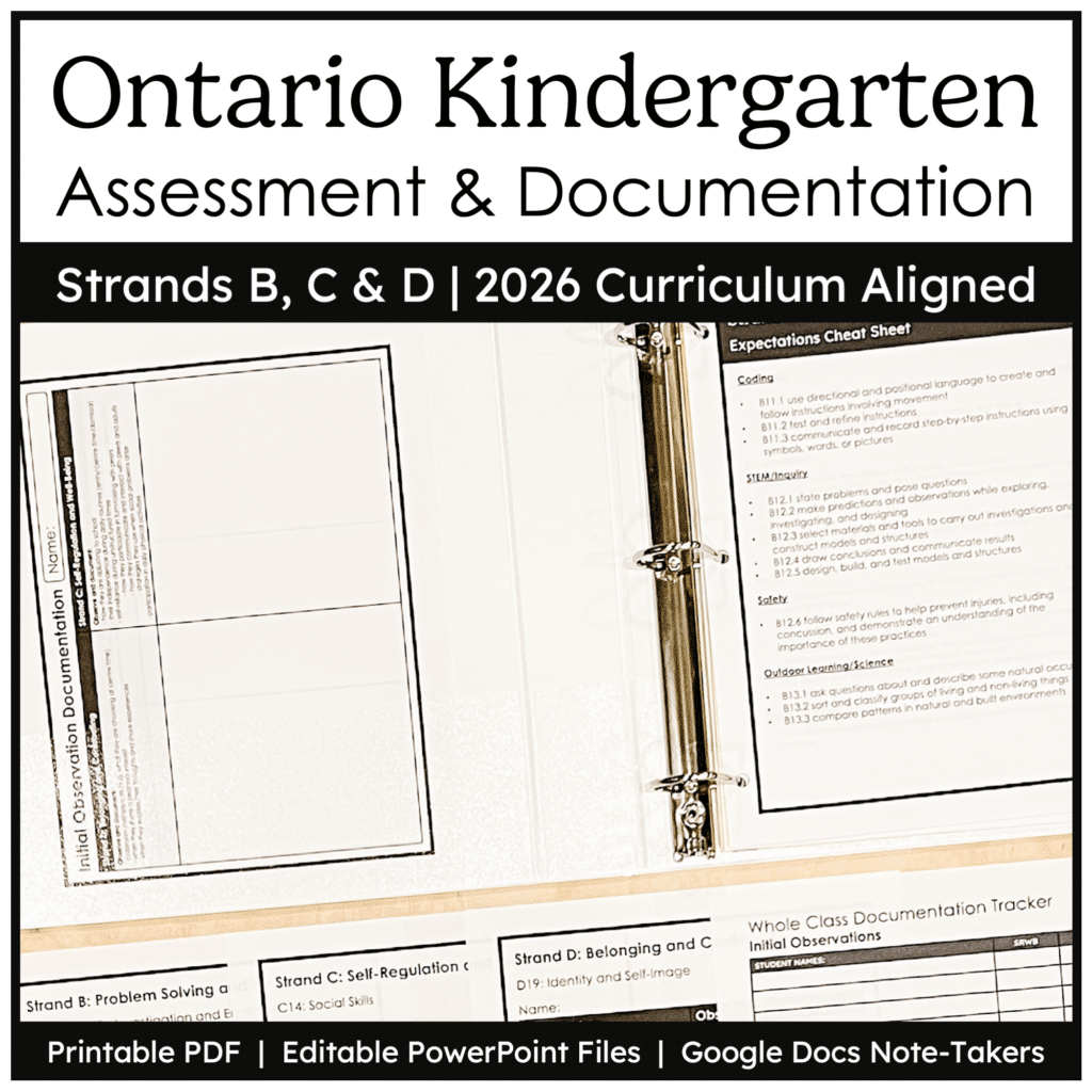 Ontario Kindergarten Assessment & Documentation Binder for Strands B, C & D Cover